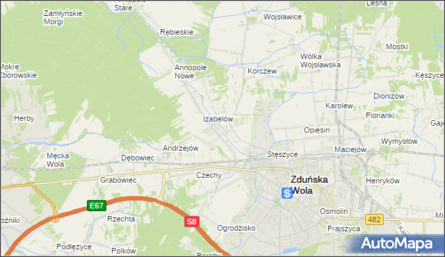 mapa Tymienice gmina Zduńska Wola, Tymienice gmina Zduńska Wola na mapie Targeo