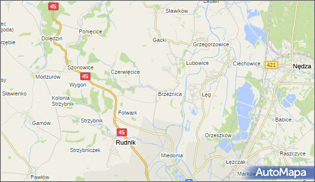 mapa Brzeźnica gmina Rudnik, Brzeźnica gmina Rudnik na mapie Targeo