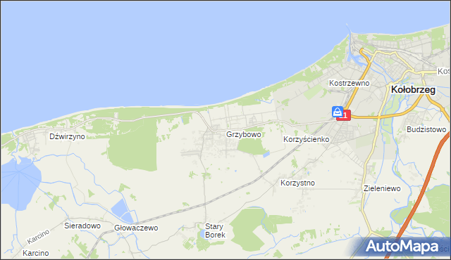 mapa Grzybowo gmina Kołobrzeg, Grzybowo gmina Kołobrzeg na mapie Targeo