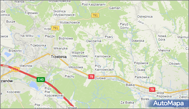 mapa Karniowice gmina Trzebinia, Karniowice gmina Trzebinia na mapie Targeo