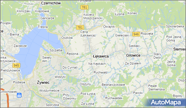 mapa Łękawica powiat żywiecki, Łękawica powiat żywiecki na mapie Targeo