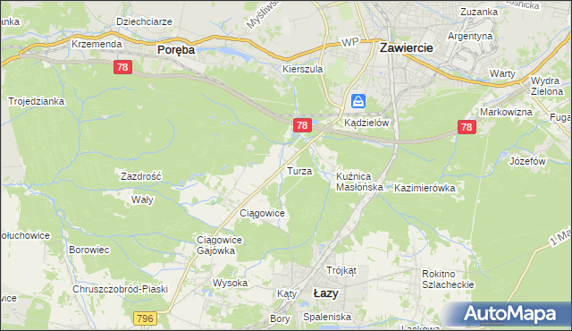 mapa Turza gmina Łazy, Turza gmina Łazy na mapie Targeo