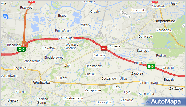 mapa Zakrzów gmina Niepołomice, Zakrzów gmina Niepołomice na mapie Targeo