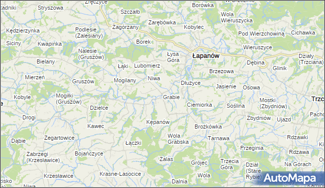 mapa Grabie gmina Łapanów, Grabie gmina Łapanów na mapie Targeo