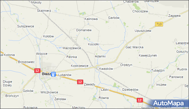 mapa Adamki gmina Błaszki, Adamki gmina Błaszki na mapie Targeo