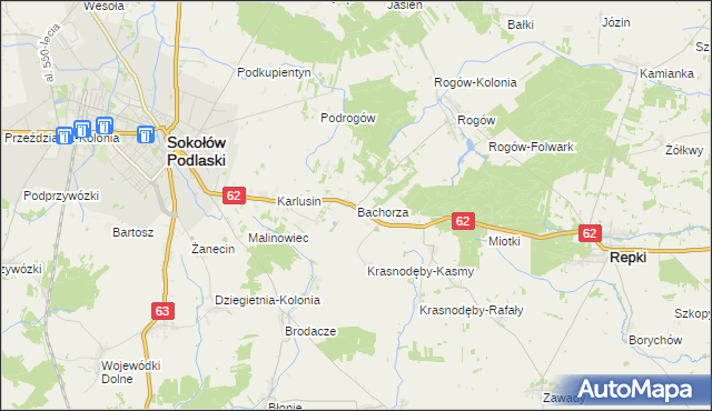 mapa Bachorza gmina Sokołów Podlaski, Bachorza gmina Sokołów Podlaski na mapie Targeo