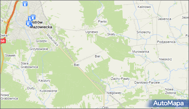 mapa Biel gmina Ostrów Mazowiecka, Biel gmina Ostrów Mazowiecka na mapie Targeo