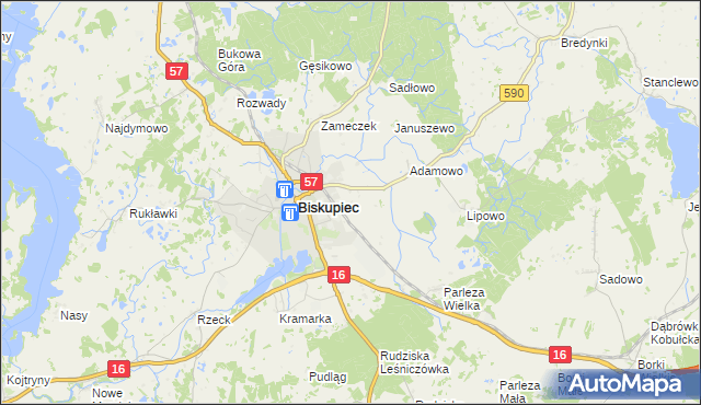 mapa Biskupiec-Kolonia Druga, Biskupiec-Kolonia Druga na mapie Targeo