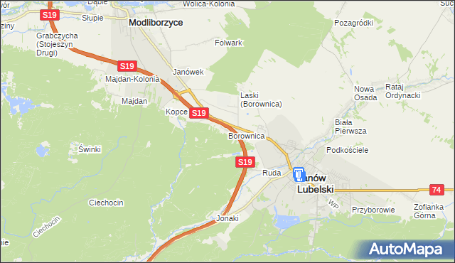 mapa Borownica gmina Janów Lubelski, Borownica gmina Janów Lubelski na mapie Targeo