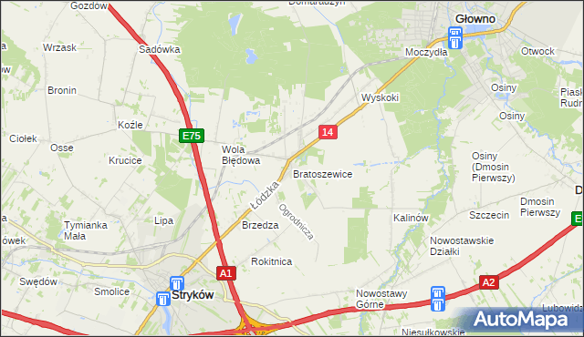 mapa Bratoszewice, Bratoszewice na mapie Targeo