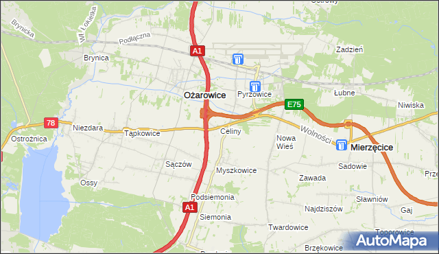 mapa Celiny gmina Ożarowice, Celiny gmina Ożarowice na mapie Targeo