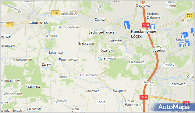 mapa Florentynów gmina Lutomiersk, Florentynów gmina Lutomiersk na mapie Targeo