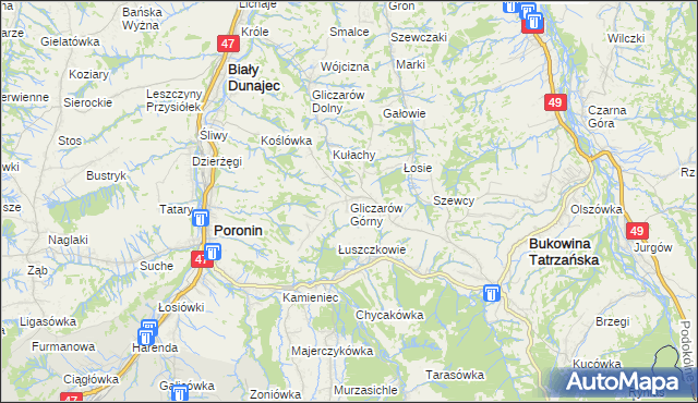 mapa Gliczarów Górny, Gliczarów Górny na mapie Targeo