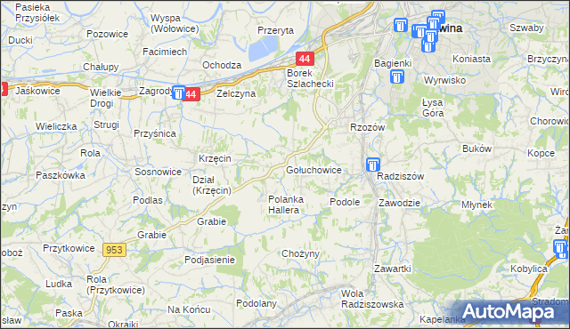 mapa Gołuchowice gmina Skawina, Gołuchowice gmina Skawina na mapie Targeo