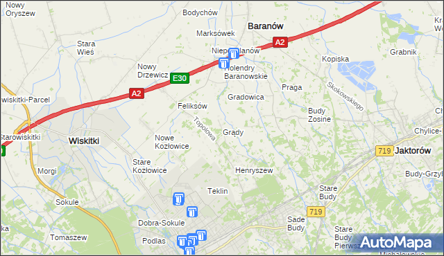 mapa Grądy gmina Jaktorów, Grądy gmina Jaktorów na mapie Targeo