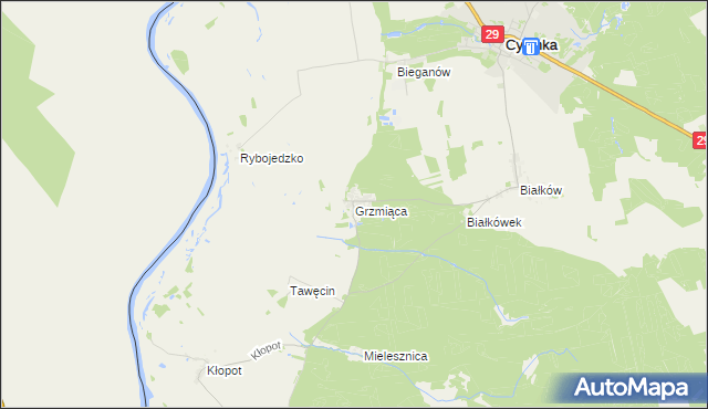 mapa Grzmiąca gmina Cybinka, Grzmiąca gmina Cybinka na mapie Targeo