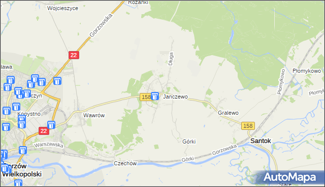 mapa Janczewo gmina Santok, Janczewo gmina Santok na mapie Targeo