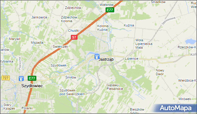 mapa Jastrząb powiat szydłowiecki, Jastrząb powiat szydłowiecki na mapie Targeo