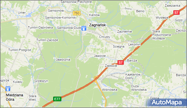 mapa Jaworze gmina Zagnańsk, Jaworze gmina Zagnańsk na mapie Targeo