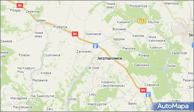 mapa Jerzmanowice gmina Jerzmanowice-Przeginia, Jerzmanowice gmina Jerzmanowice-Przeginia na mapie Targeo