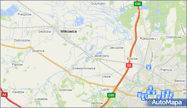 mapa Jezierzany gmina Miłkowice, Jezierzany gmina Miłkowice na mapie Targeo