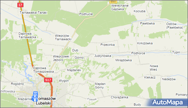 mapa Justynówka gmina Tomaszów Lubelski, Justynówka gmina Tomaszów Lubelski na mapie Targeo