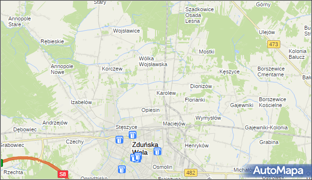 mapa Karolew gmina Zduńska Wola, Karolew gmina Zduńska Wola na mapie Targeo