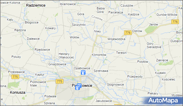 mapa Klimontów gmina Proszowice, Klimontów gmina Proszowice na mapie Targeo
