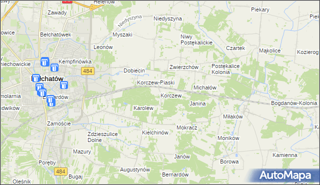 mapa Korczew gmina Bełchatów, Korczew gmina Bełchatów na mapie Targeo