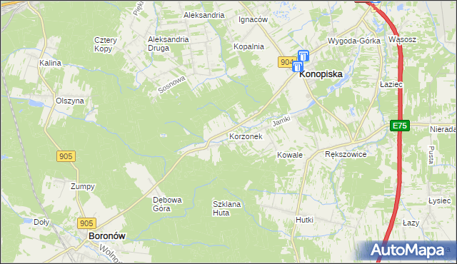 mapa Korzonek gmina Konopiska, Korzonek gmina Konopiska na mapie Targeo