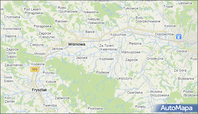 mapa Kozłówek gmina Wiśniowa, Kozłówek gmina Wiśniowa na mapie Targeo