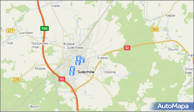 mapa Krężoły gmina Sulechów, Krężoły gmina Sulechów na mapie Targeo