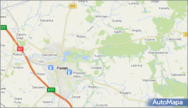 mapa Kupin gmina Pasłęk, Kupin gmina Pasłęk na mapie Targeo