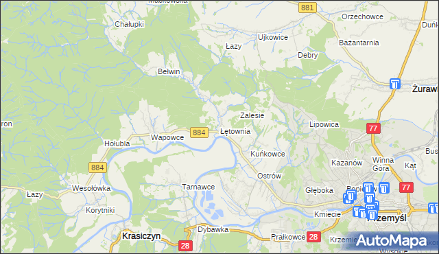 mapa Łętownia gmina Przemyśl, Łętownia gmina Przemyśl na mapie Targeo