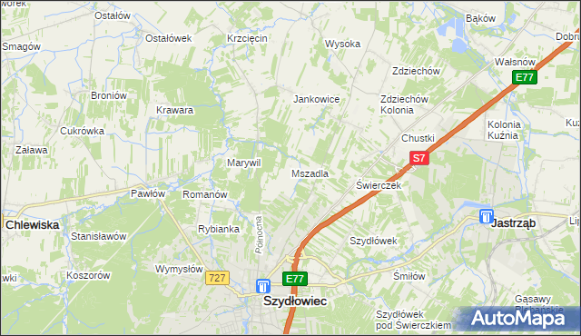 mapa Mszadla gmina Szydłowiec, Mszadla gmina Szydłowiec na mapie Targeo