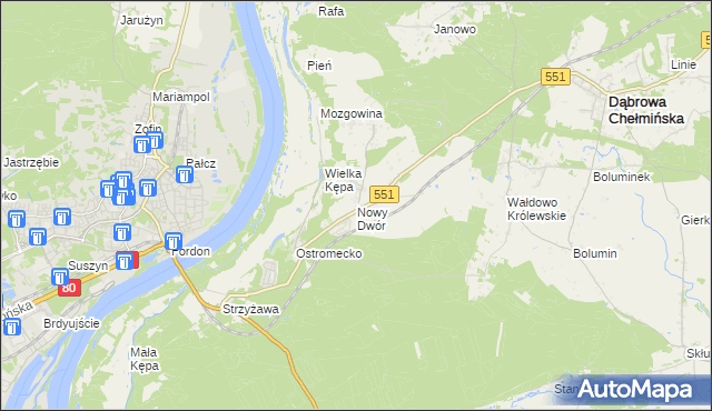 mapa Nowy Dwór gmina Dąbrowa Chełmińska, Nowy Dwór gmina Dąbrowa Chełmińska na mapie Targeo