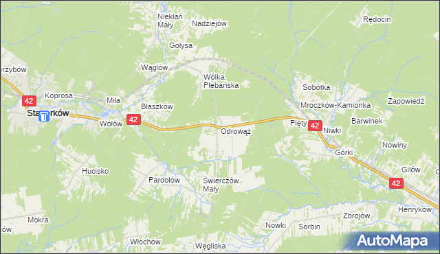 mapa Odrowąż gmina Stąporków, Odrowąż gmina Stąporków na mapie Targeo