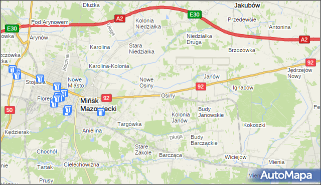 mapa Osiny gmina Mińsk Mazowiecki, Osiny gmina Mińsk Mazowiecki na mapie Targeo