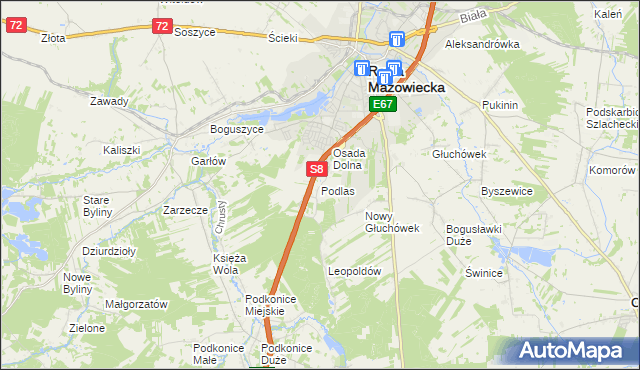 mapa Podlas gmina Rawa Mazowiecka, Podlas gmina Rawa Mazowiecka na mapie Targeo