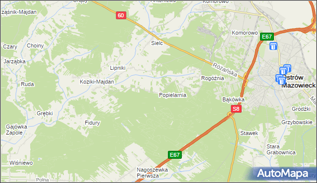 mapa Popielarnia gmina Ostrów Mazowiecka, Popielarnia gmina Ostrów Mazowiecka na mapie Targeo