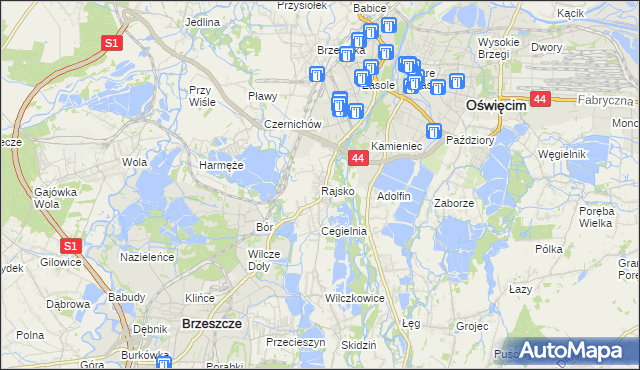 mapa Rajsko gmina Oświęcim, Rajsko gmina Oświęcim na mapie Targeo