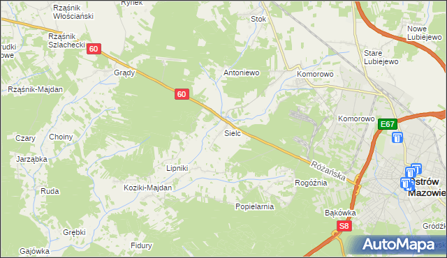 mapa Sielc gmina Ostrów Mazowiecka, Sielc gmina Ostrów Mazowiecka na mapie Targeo