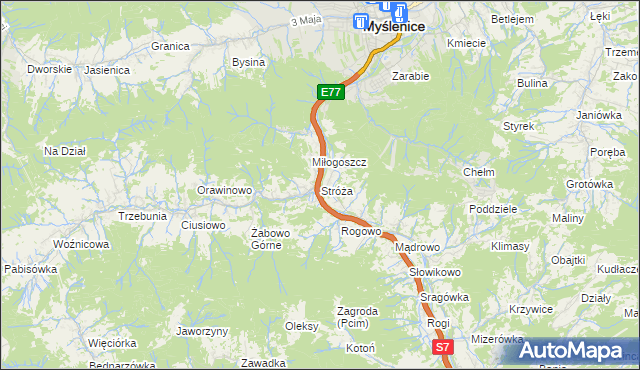 mapa Stróża gmina Pcim, Stróża gmina Pcim na mapie Targeo