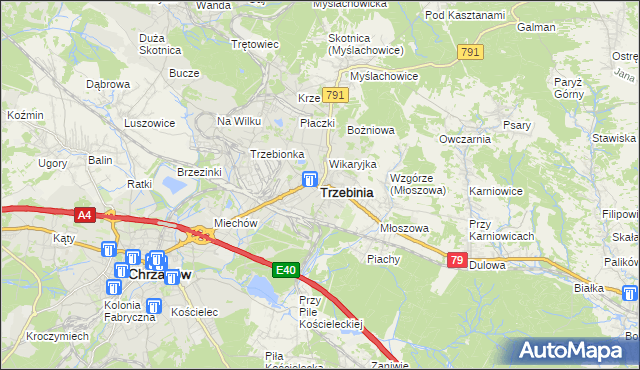 mapa Trzebinia powiat chrzanowski, Trzebinia powiat chrzanowski na mapie Targeo