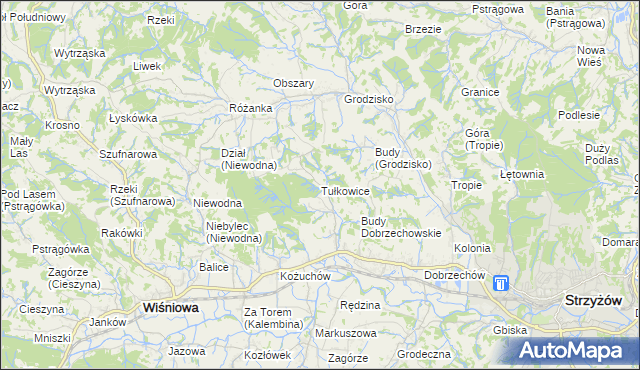 mapa Tułkowice gmina Wiśniowa, Tułkowice gmina Wiśniowa na mapie Targeo
