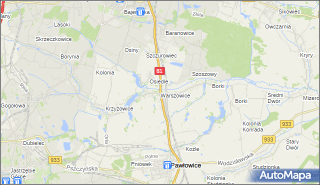mapa Warszowice, Warszowice na mapie Targeo