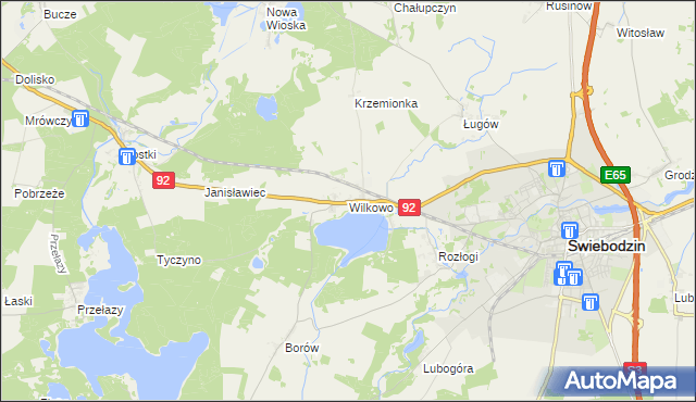 mapa Wilkowo gmina Świebodzin, Wilkowo gmina Świebodzin na mapie Targeo