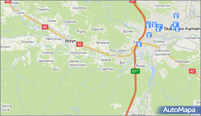 mapa Wołów gmina Bliżyn, Wołów gmina Bliżyn na mapie Targeo