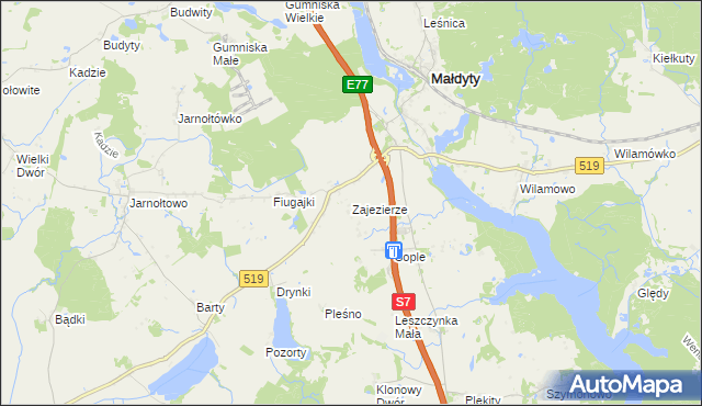 mapa Zajezierze gmina Małdyty, Zajezierze gmina Małdyty na mapie Targeo