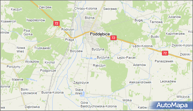 mapa Byczyna gmina Poddębice, Byczyna gmina Poddębice na mapie Targeo